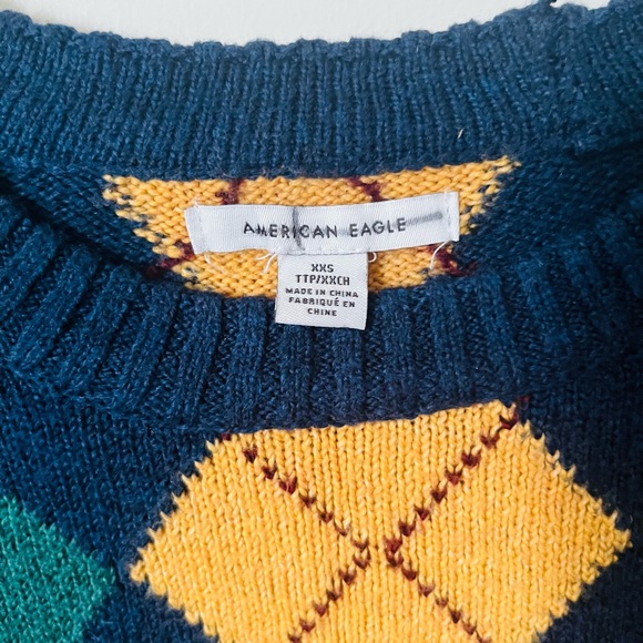 American Eagle Outfitters Navy Crewneck Sweater with Green & Gold Argyle - Picture 2 of 5